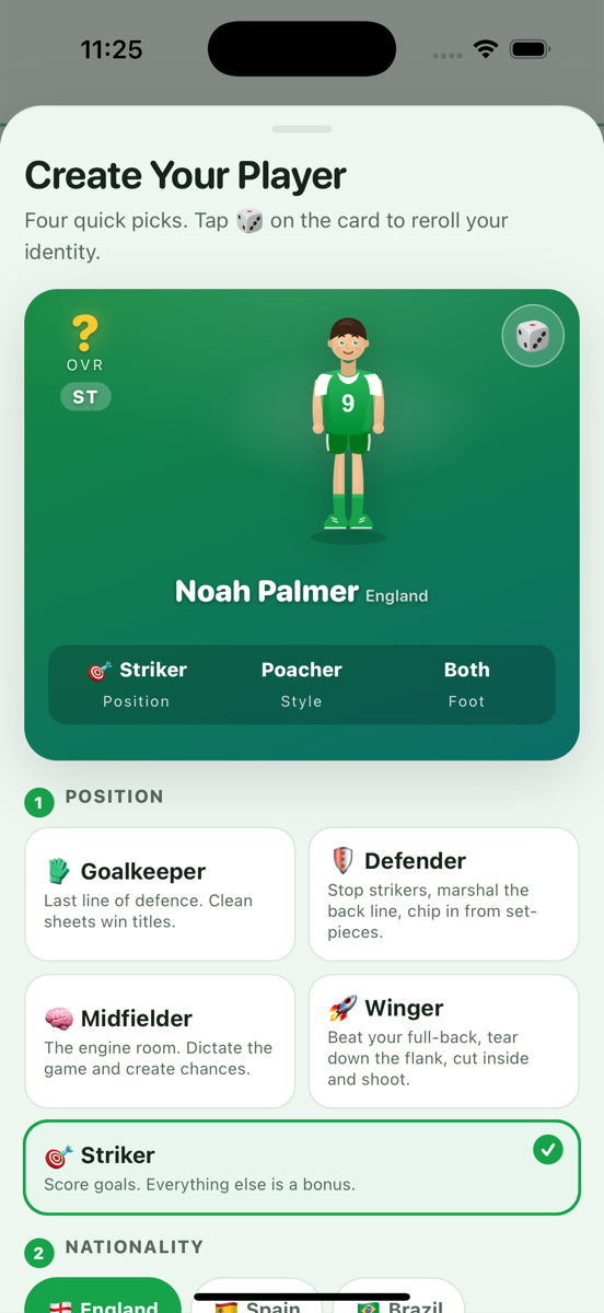 Creating a player in Footballer — a live star card updating with every choice